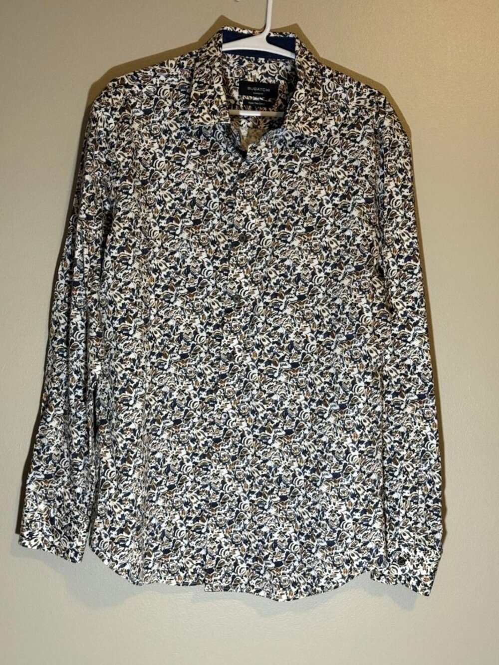 BUGATCHI Men’s Shaped Fit Shirt M Super Fine Cotton Floral Paisley Blue Tan